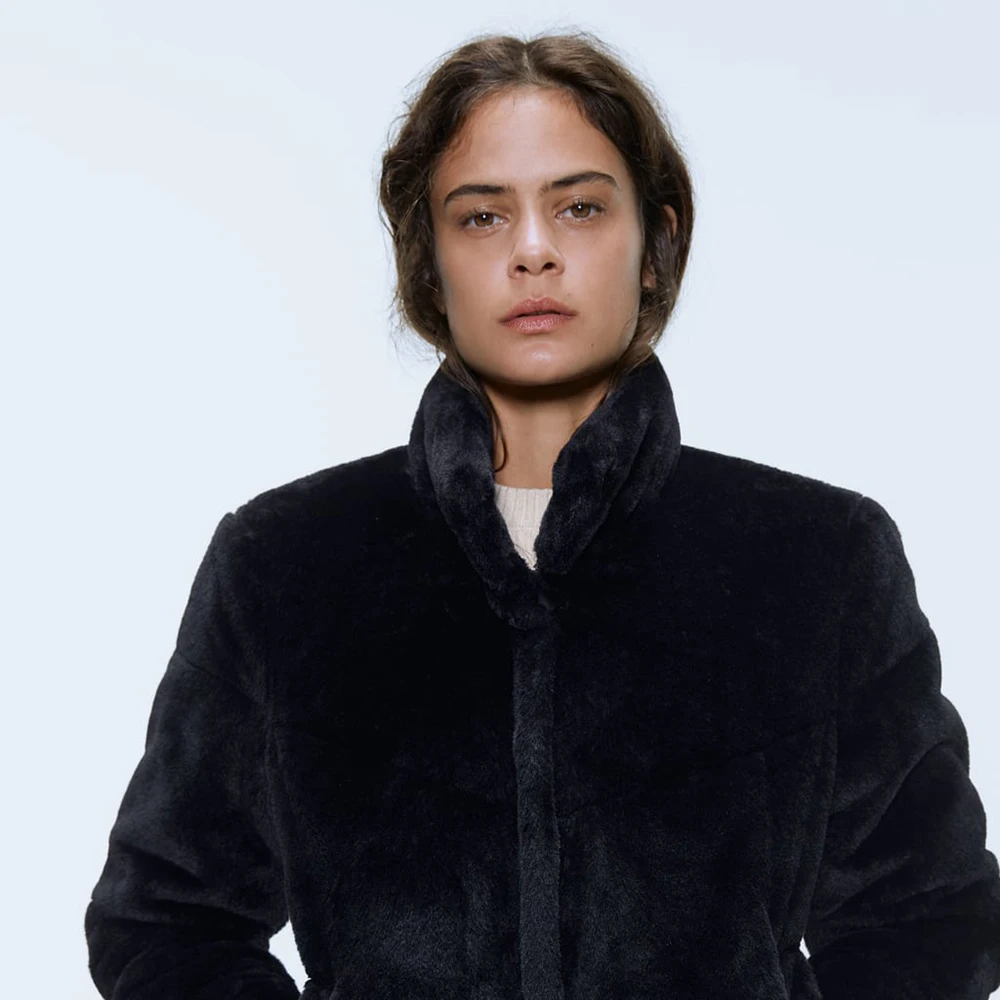 Женское пальто с воротником-стойкой ZA однотонное темно-синее на молнии длинными