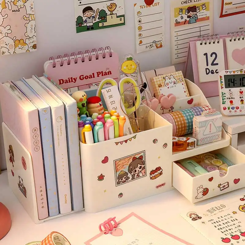 

2 in 1 Multifunctional ABS Desktop Organizer Box Pen Holder Bookends Book Holder Stand Kawaii Stationery Ins Cute Storage Box
