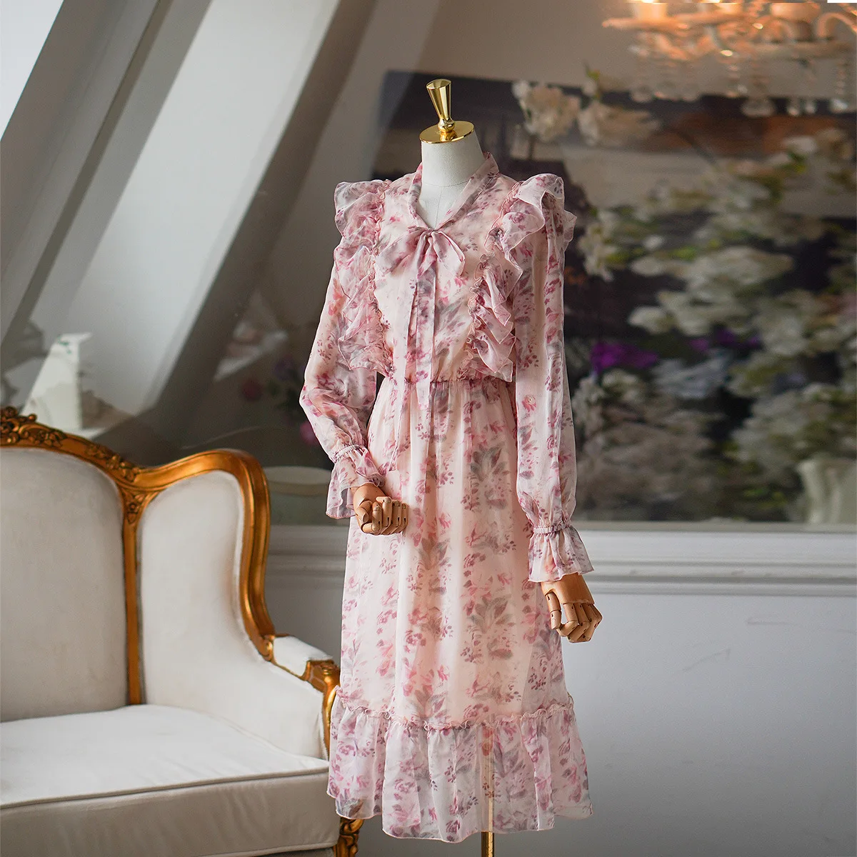 

Fairy Floral Print Bow Sweet Ruffle Dress Boho Chiffon Women Casual Lace up Elegant Dress Buttons Girls Autumn Winter Pink Dress
