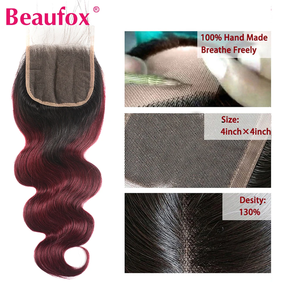 Beaufox пучки человеческих волос Ombre с застежкой бразильские волнистые 1B/99J Remy 3 пучка