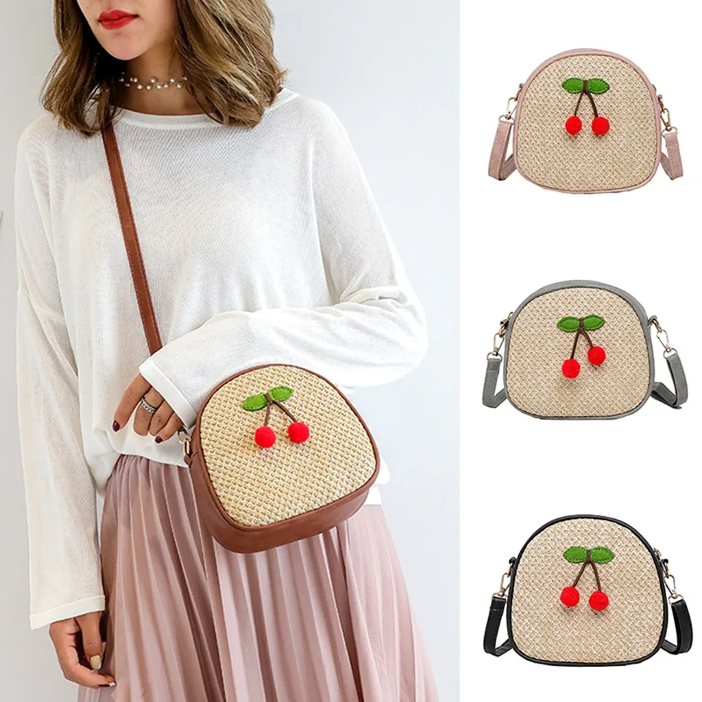 Женские сумки через плечо для девушек модные с вишенками соломенные на простые