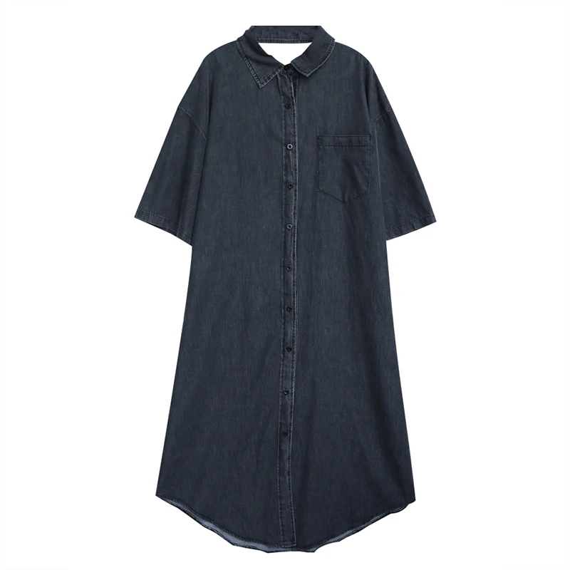 

[EAM] Women Gray Denim Long Big Size Hollow Out Dress New Lapel Three Quarter Sleeve Loose Fashion Spring Summer 2021 1DD7636