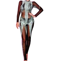 sparkly rhinestone silver tassel women jumpsuit long sleeve black mesh perspective bodysuit nightclub dj singer dance stage wear