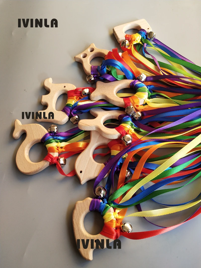 

Rainbow Natural Wooden Ribbon Ring Animal Shape Waldorf Toys Baby Newborn Teether Montessori Sensory Toys with bell Shower Gift