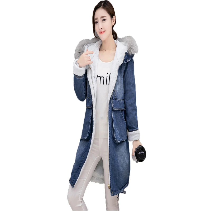 Женское модное джинсовое пальто новинка 2019 зимняя теплая парка с длинным рукавом