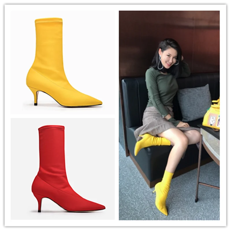 

2021 Spring New Sock Boots for Women High Heel Boots Stretch Fabric Ankle Boots Shoes Sexy Square Heels Women Boots Plus Size