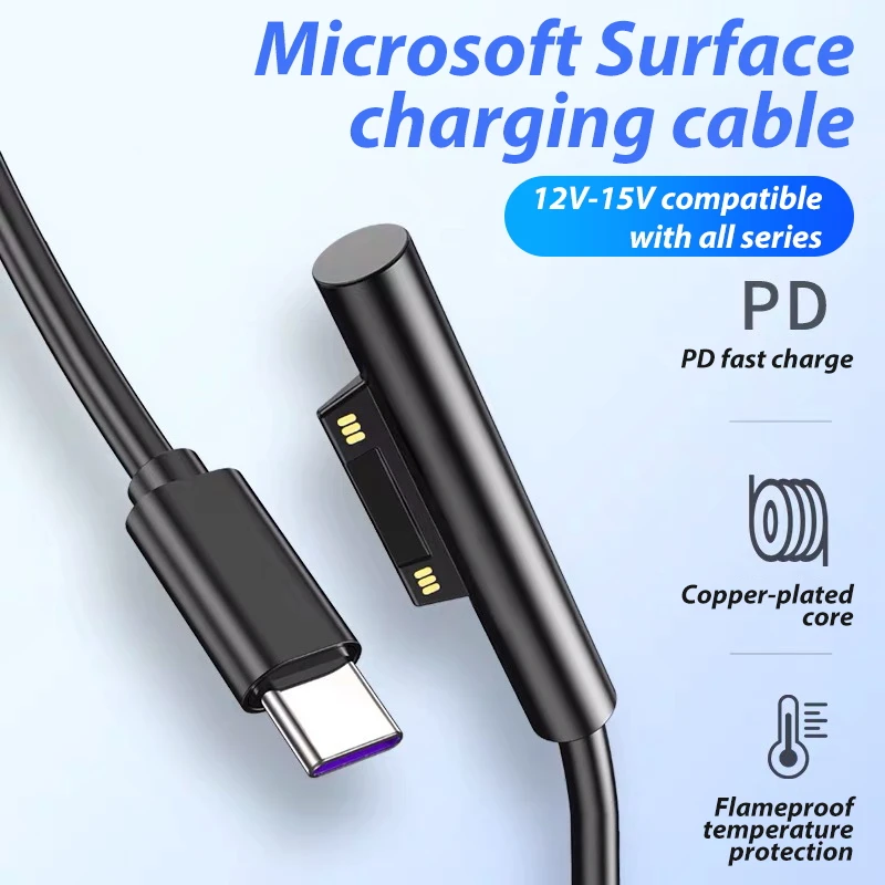 

1.8m USB Type C Power Supply Head Charger 65W 15V PD Fast Charging Cable for Microsoft Surface Pro 3 4 5 6 GO Book2 Book 1