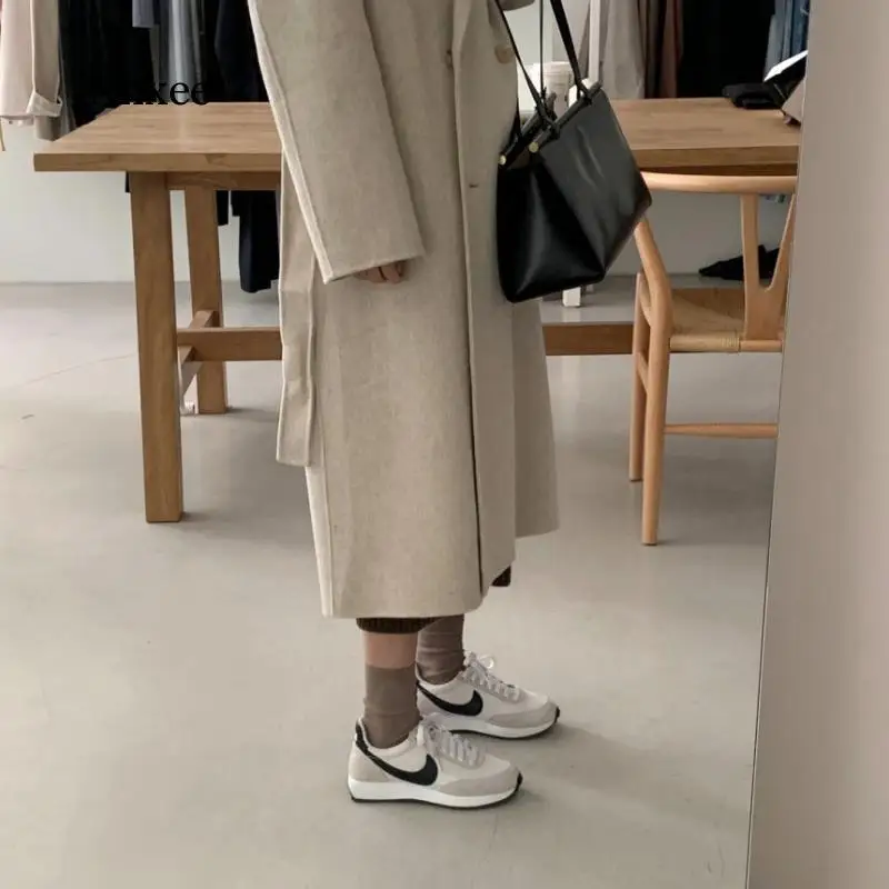 

New Korean Autumn Winter Simple Double-Breasted Wool Trench Coat Loose Casual Long Jacket Overcoats