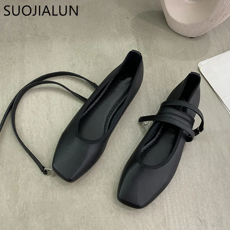 SUOJIALUN 2021 New Women Round Toe Flats Shoes Shallow Slip On Ballet Flat Ankle Strap Casual Loafers Soft Ballerina zapatos muj