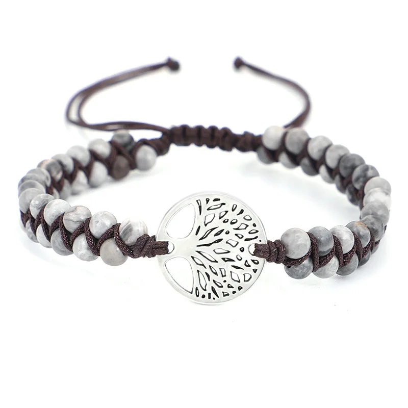 

Simple And Fashionable Natural Stone Bead Bracelet For Women's Stainless Steel Braided Rope Chain Bracelet Tree Of Life Jewelry