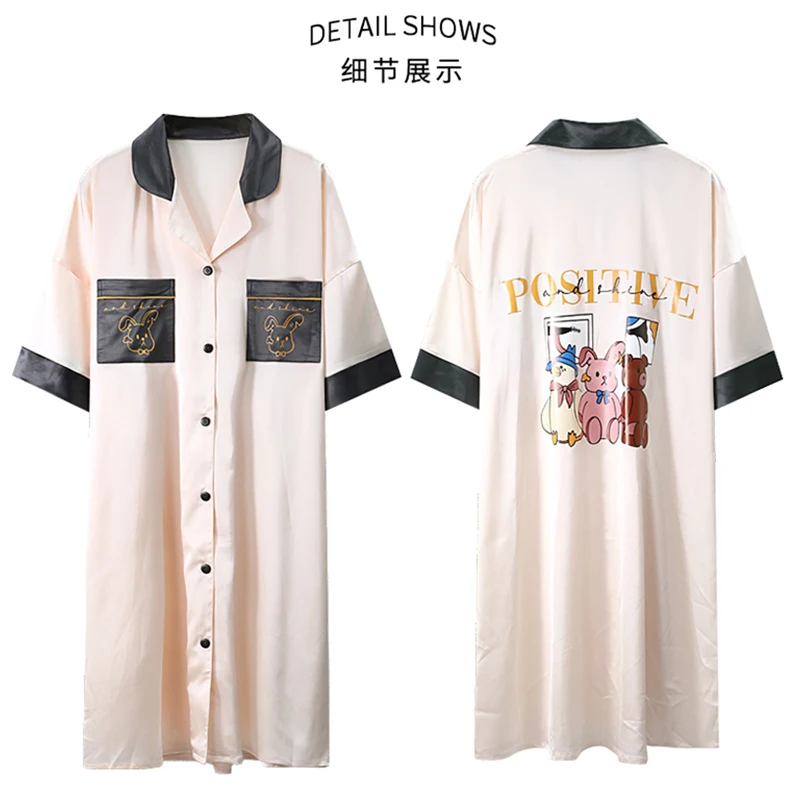 

New Summer Women's Pyjamas Nightshirt Short Sleeves Ice Silk Women Nightsleep Blouse Comfort Nightdress Midlength Home Nightgown