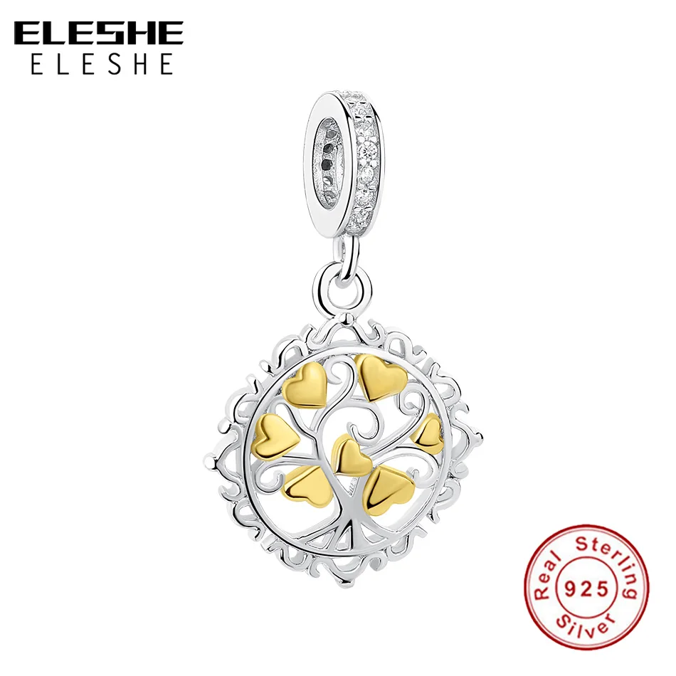 Подлинное 925 пробы серебро Семья дерево Золотое любовное Сердце Дерево бусины