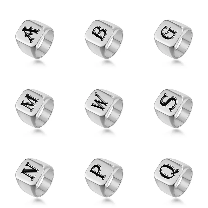 Engraved A-Z Initial Rings For Men Jewelry Stainless Steel Signet Ring Minimalism Alphabet Letter Anel Masculino Bijoux