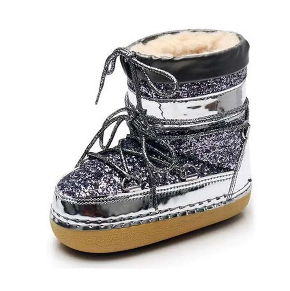 Популярные шерстяные ботинки Детская обувь с блестками на толстой подошве