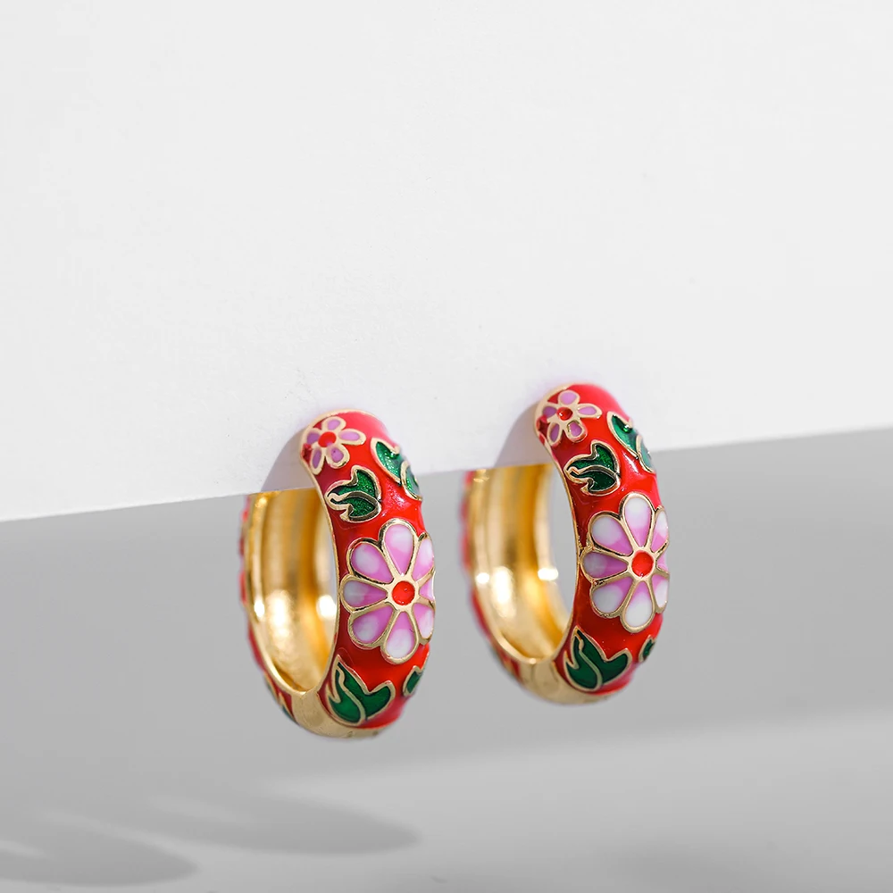 

Boho Multicolor Enamel Flower Hoop Earrings for Women Vintage Drop Oil Gold Color Circle Round Earrings Statement Jewelry Gifts