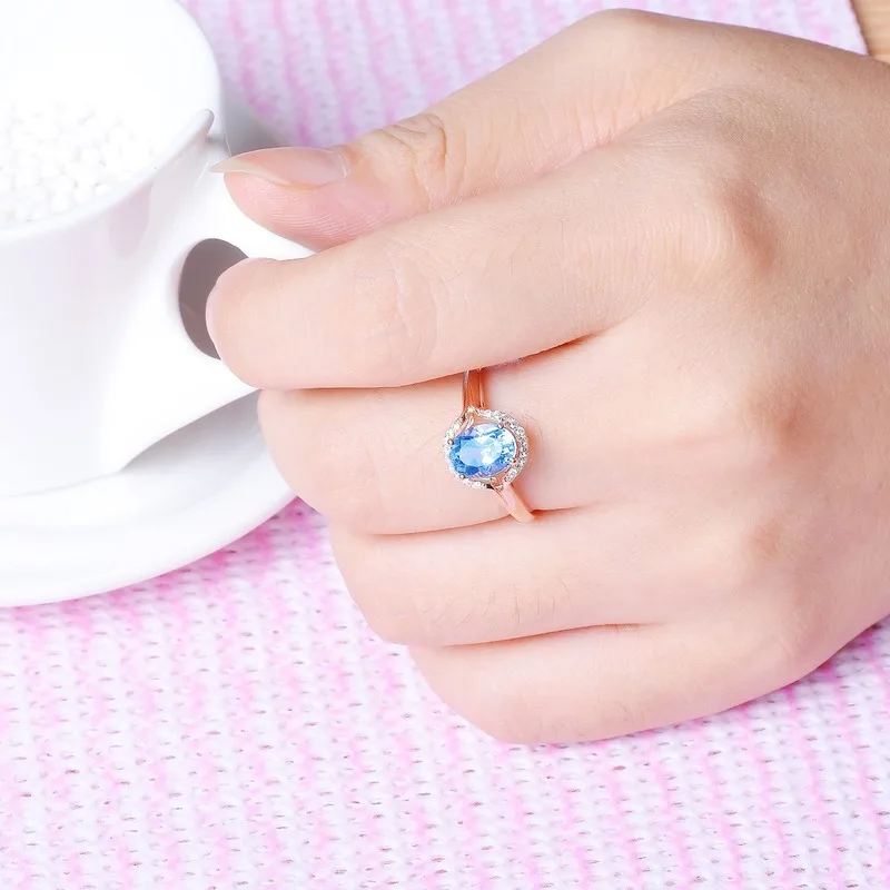 

Genuine Blue Topaz Gemstone Rings for Women Rose Gold Color Engagement Wedding Ring AAA Zircon Diamond Rings Fine Jewelry Gift