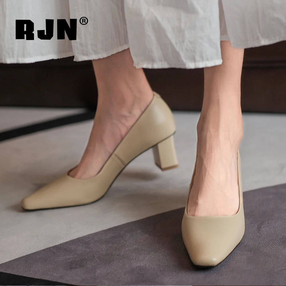 

RJN New Elegant Pumps British Style Square Toe High Quality Genuine Leather Women Shoes Solid Color Office Lady Pumps RO295