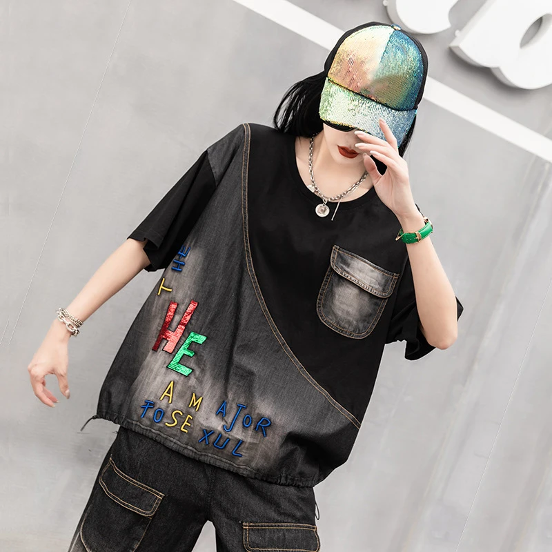 

Max LuLu Summer Street Style 2021 Tops Women Denim Spliced Black Tee Ladies Vintage Loose Streetwear Sequins T-shirts Plus Size