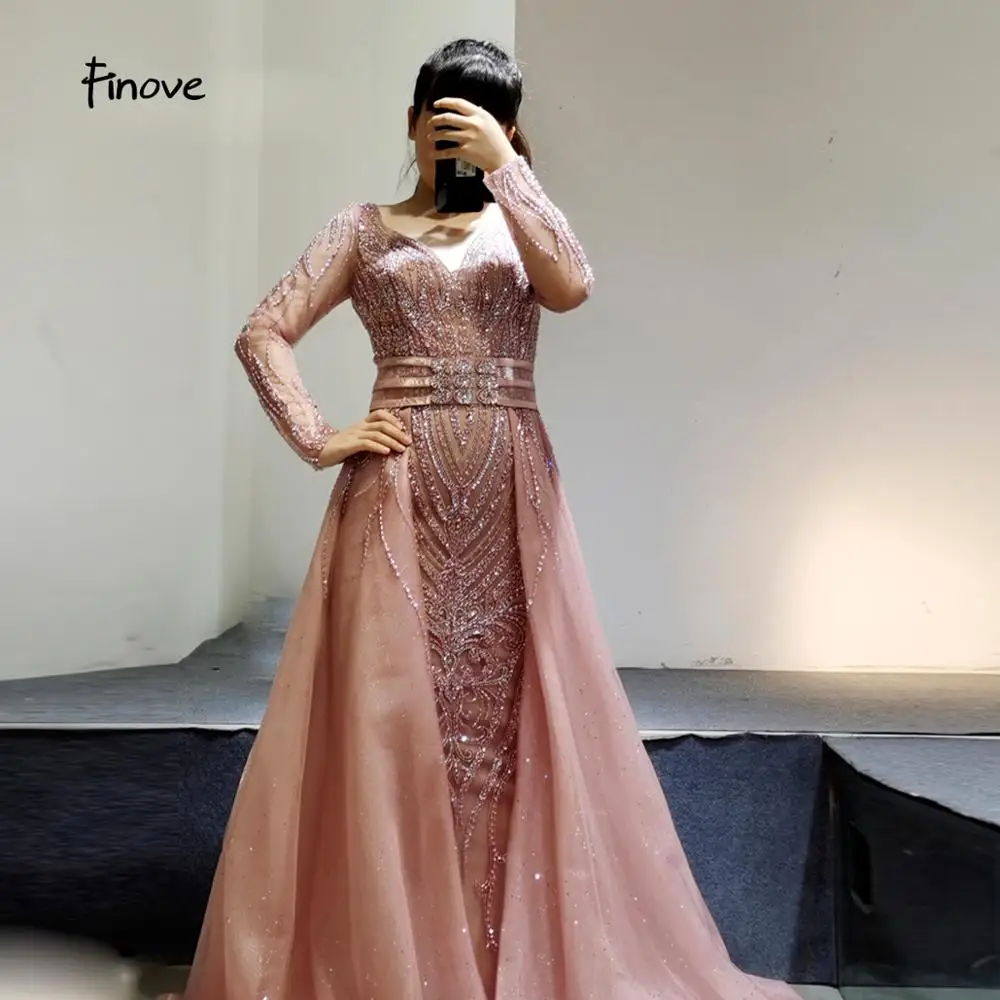 Розовые вечерние платья Finove с длинным рукавом и бусинами платье-Русалка открытым