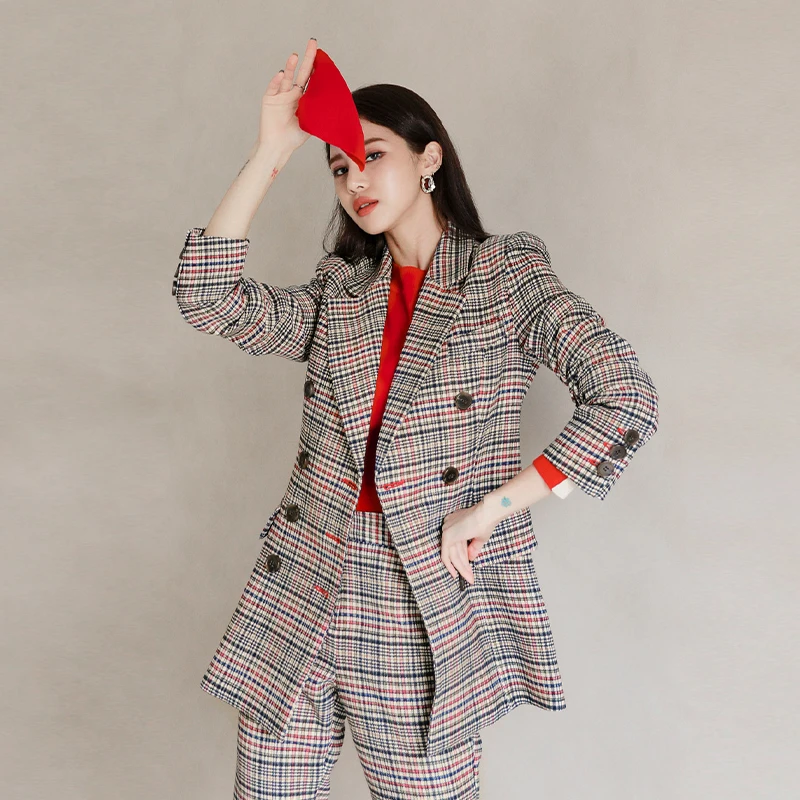 

Spring Autumn Women's Plaid Suit British Style Pantsuit Double Breasted 2 Piece Set Slim Blazer High Waist Pants Korean Clothes