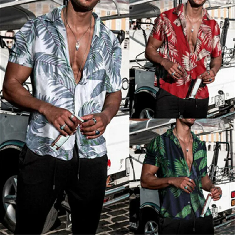2021 Fashion Men‘s Short Sleeve Hawaiian Shirt Tops Fruit Floral Printed Blouse Plus Size Summer Casual Beach Shirts for Men