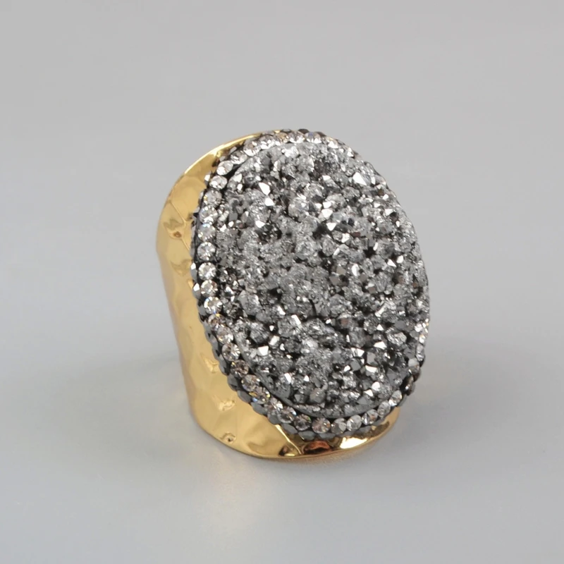 silver BOROSA, золотая, Радужная, с кристаллами, титановое кольцо, друзы, кварц, проложенный циркон, высокое качество, Drusy, Кристальные драгоценные камни, кольцо для женщин, JAB255 - Цвет основного камня: silver