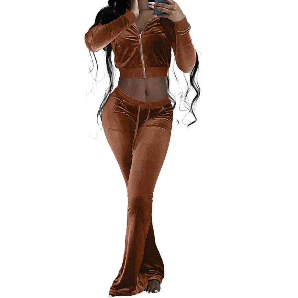 

Velvet Tracksuit Women Exposed Navel Sporty Suits Solid Zipper Sweatshirt Flare Pants Set Gym Clothing ​спортивный костюм женск
