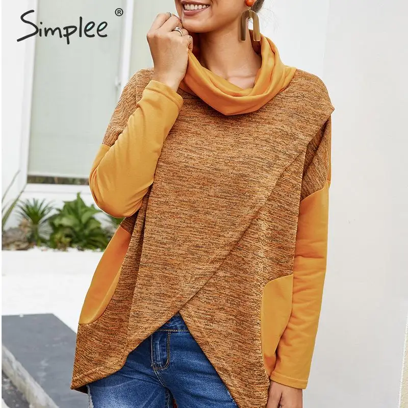 Simplee повседневная водолазка Женские Вязаные Рубашки с длинным рукавом Лоскутная