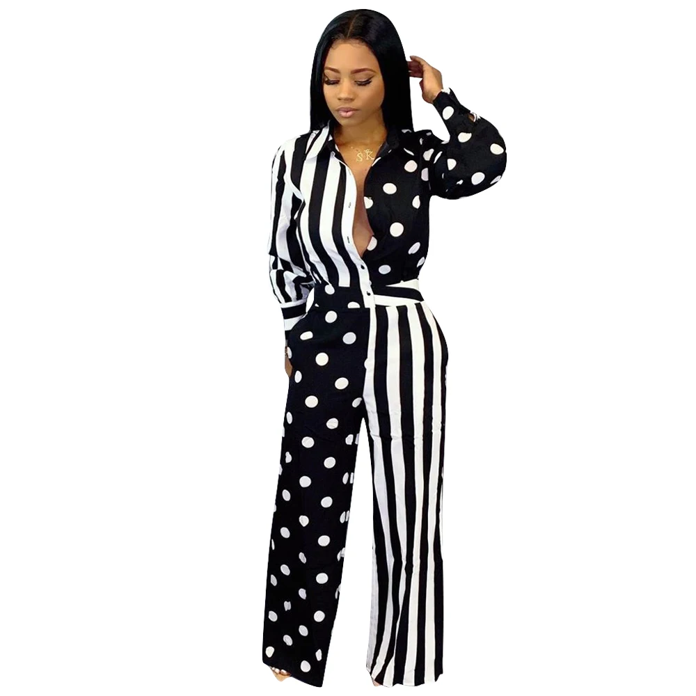 

2020 Ladies Turn-down Loose Jumpsuit Rompers Button Up Casual Jumpsuit Women New Dot Printed Collar Casual Rompers Overalls
