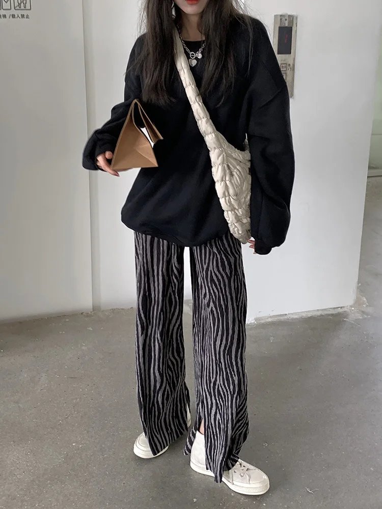 Брюки с узором зебры корейский вариант прямые широкие брюки открытой вилкой