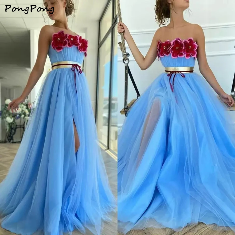 

Элегантное платье для выпускного вечера без бретелек с розовыми цветами синее Тюлевое вечернее платье с разрезом спереди и золотым поясом ...