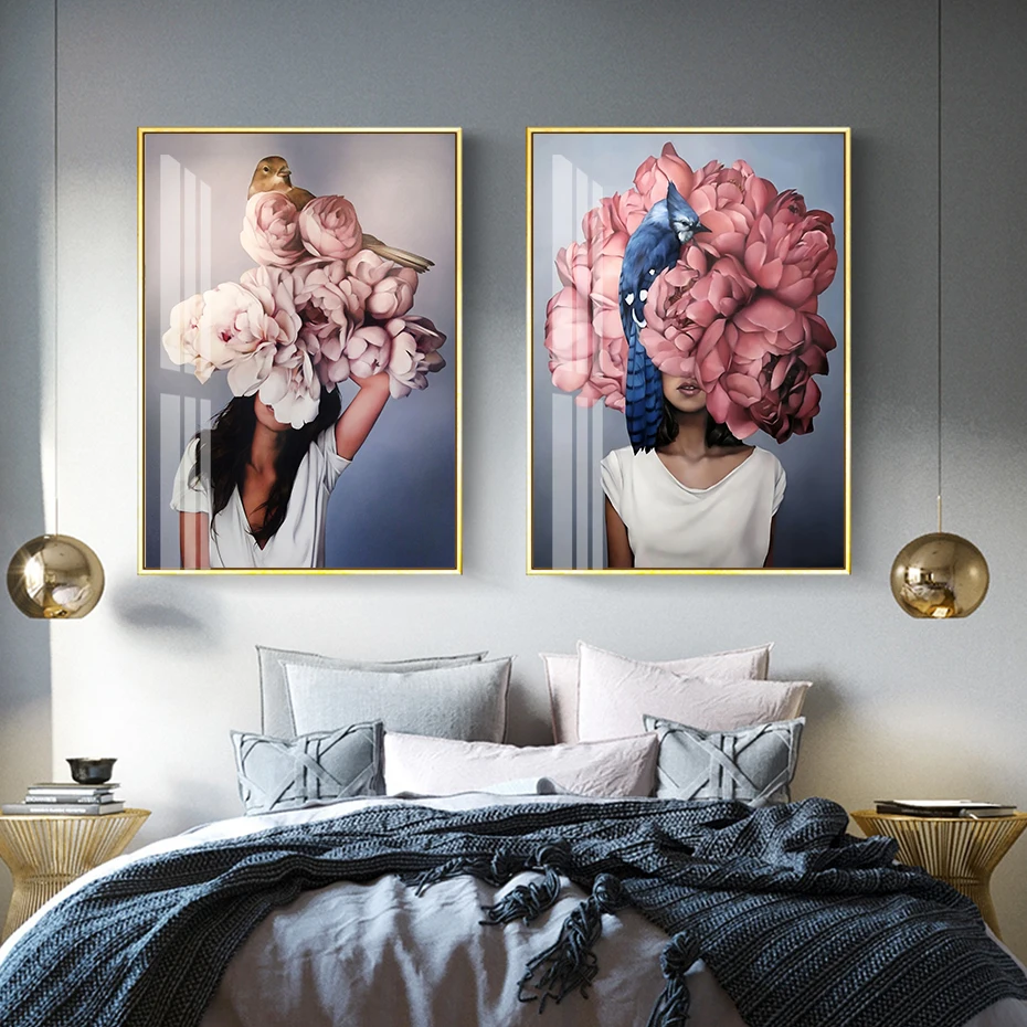 

Wall Art Canvas Painting Modern Floral Girl Pink Blue Poster Print Pictures for Living Child Room Home Interior Decoration