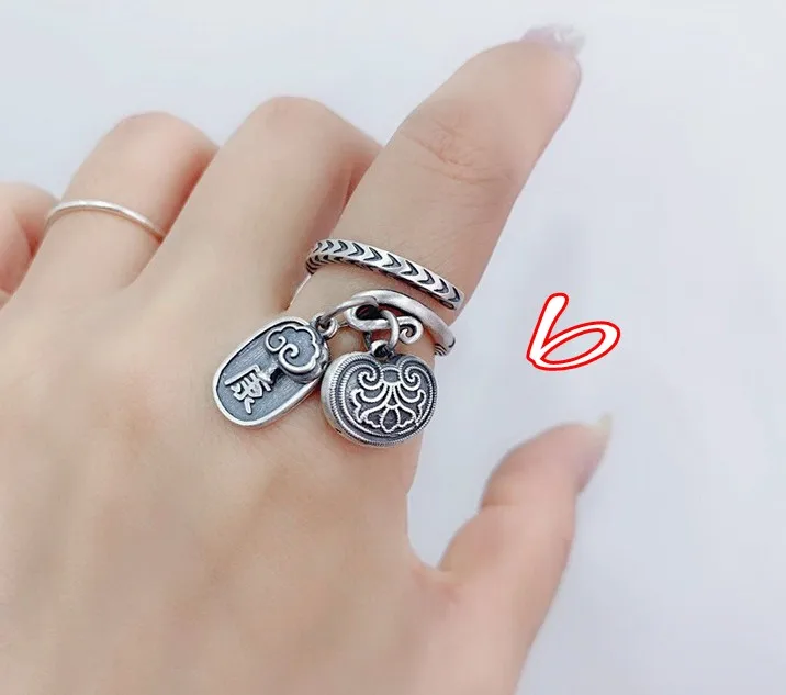 

Real 999 pure silver wishful tassel female opening retro country style well-being ring