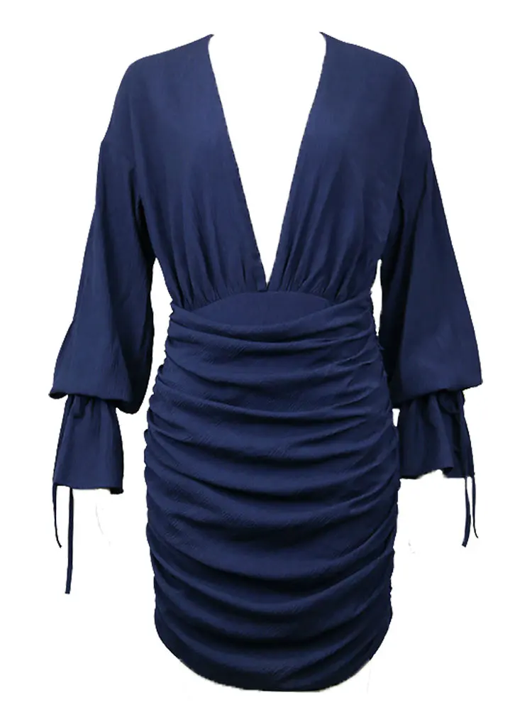 

Fashion Ruched V-Neck Long Flare Sleeve Women's Dress Lace Up Elegant Spring Sexy A-Line Mini Vestidos For Women 2021