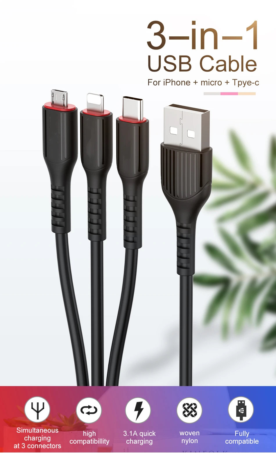 3 в 1 USB кабель 3.1A для мобильного телефона Micro usb type C кабель зарядного устройства для samsung Xiaomi huawei кабель для быстрой зарядки телефона шнур