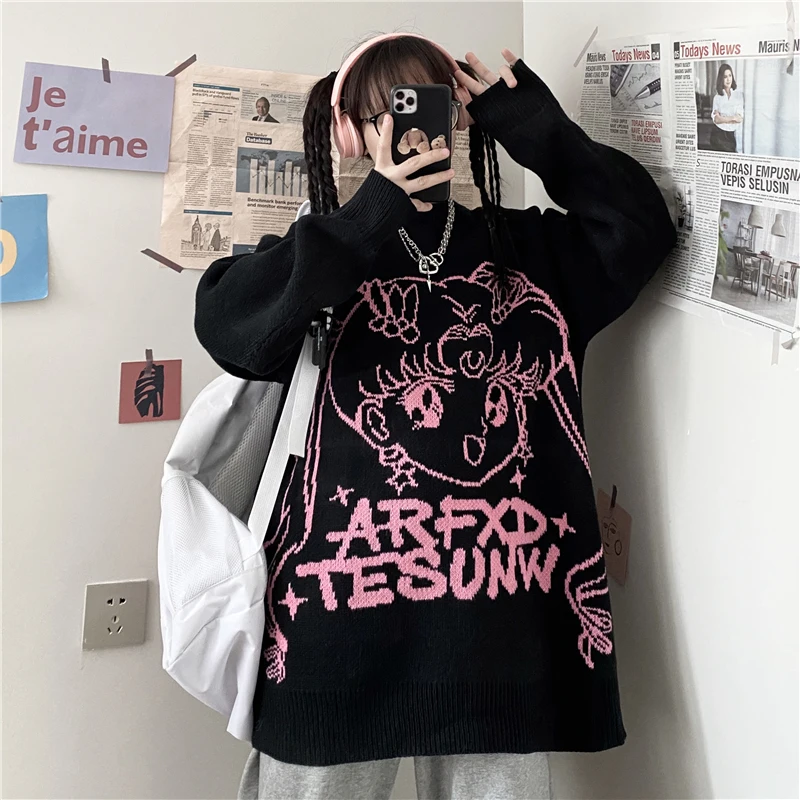 

Women's 2021 Spring INS Women's Top Harajuku Style Cartoon Anime Letter Jacquard Loose Casual Thick Knitted Women's Sweater