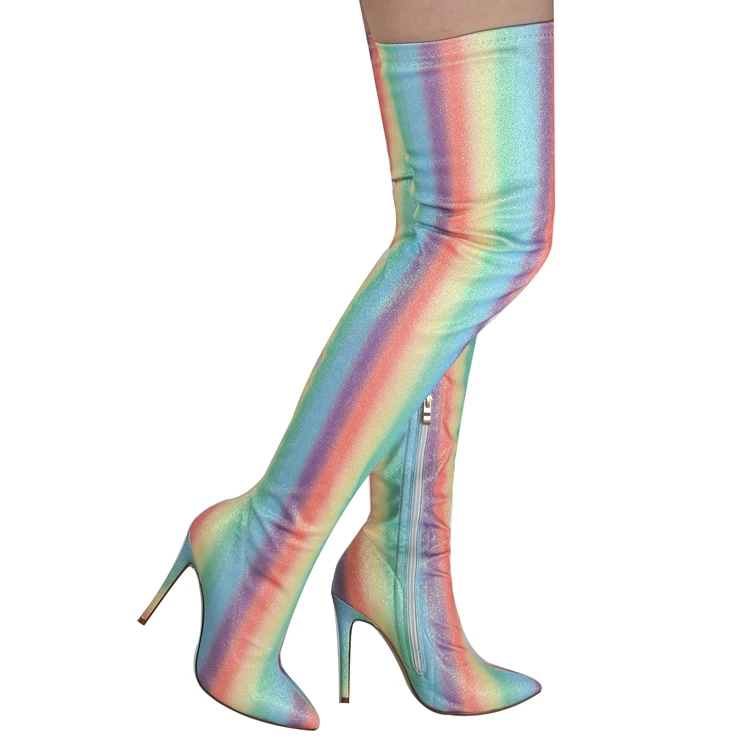 

Women 2022 Shoes Fashion Rainbow Sequies Elastic Stiletto High Heel Boots Sexy Zipper Female Thigh High Pointed Toe Boots