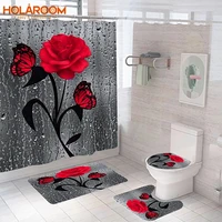 red rosebutterfly bathroom anti slip mat set durable waterproof shower curtain set pedestal rug lid toilet cover bath mat rugs