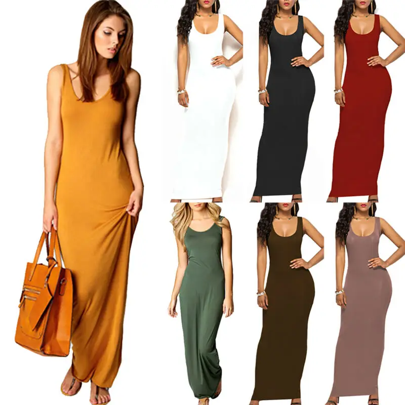 

Solid Color Dress Women Sleeveless Long Slim Fit Low Cut Vestidos Female Casual Summer Clothing