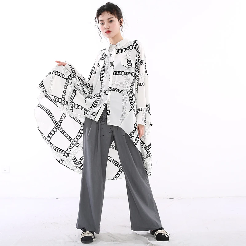 

[EAM] Women White Big Size Print Pattern Blouse New Lapel Long Sleeve Loose Fit Shirt Fashion Tide Spring Autumn 2021 1DD373100