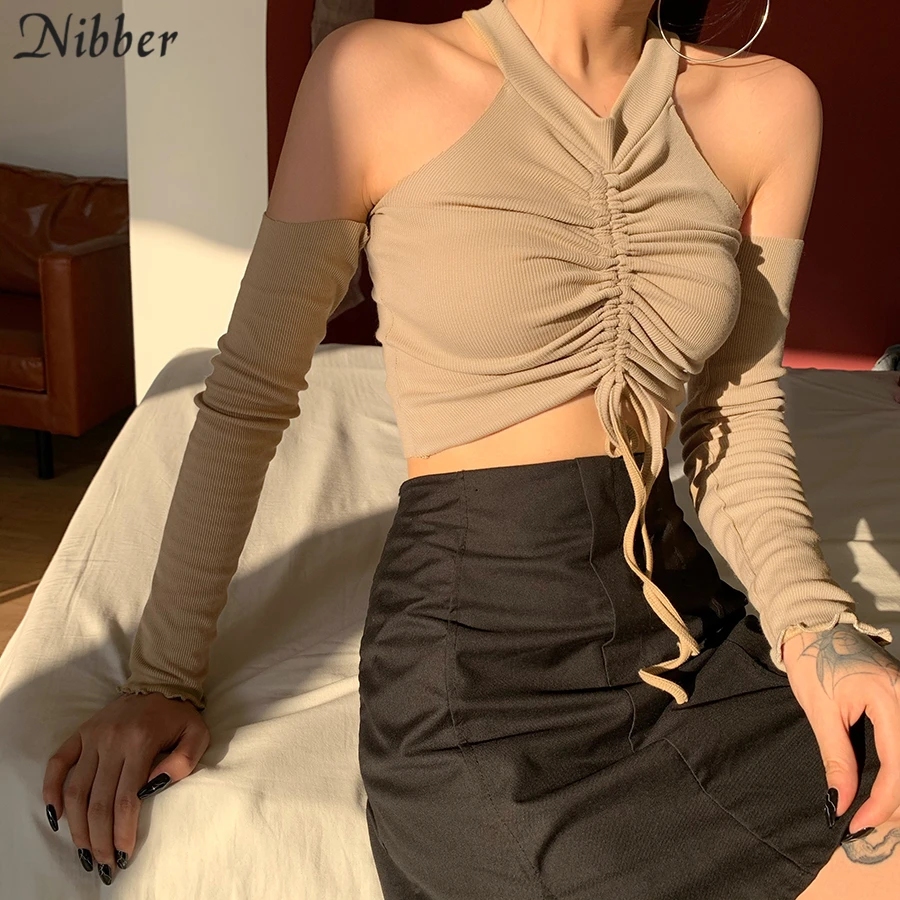 

Sexy club off shoulder long sleeve tshirt women fashion Casual Solid color skinny Slim Drawstring Strap Crop Top mujer