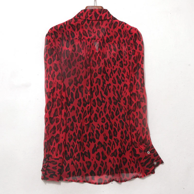 Женская блузка с длинным рукавом красная Повседневная шелковая леопардовым