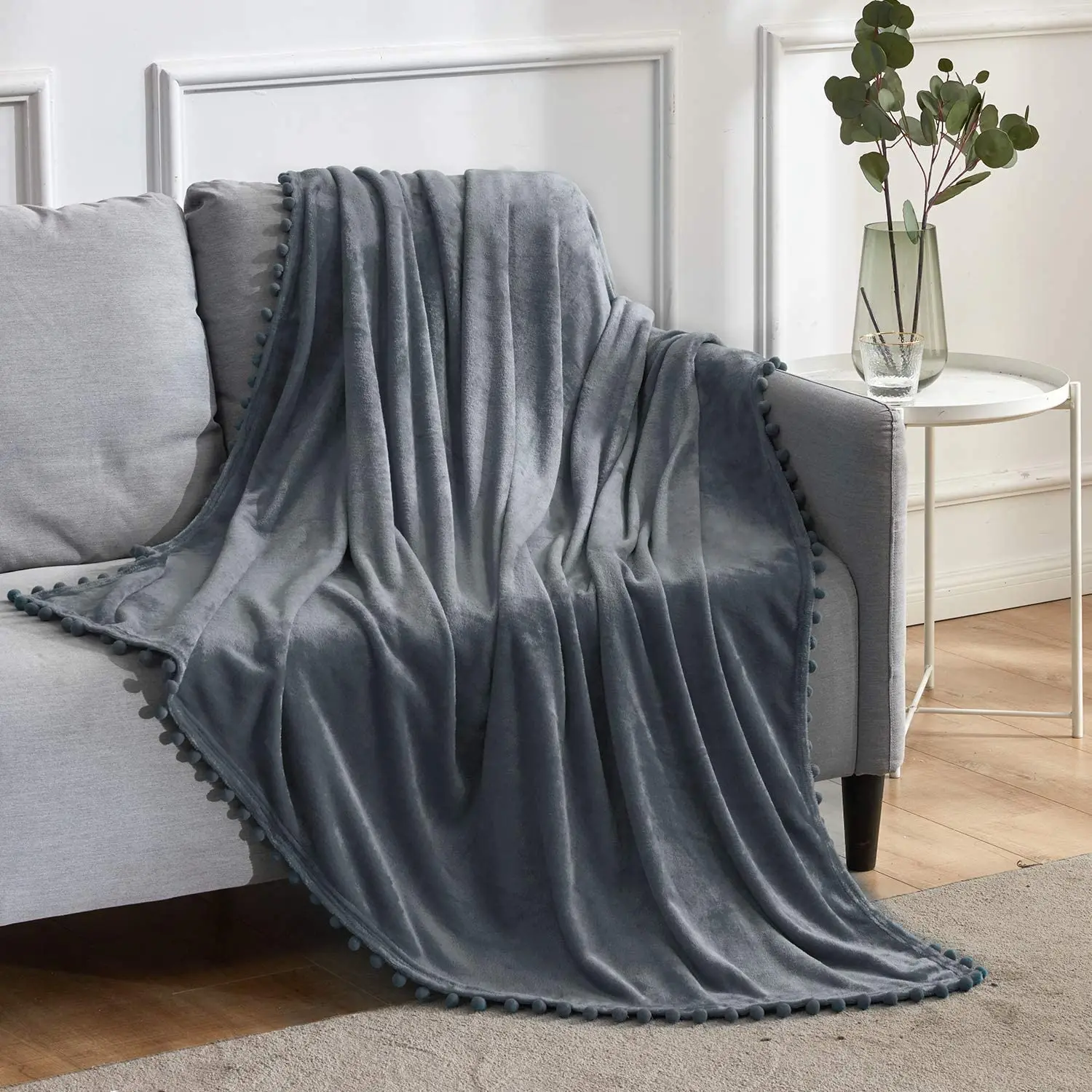 

Flannel Blanket with Pompom Fringe Soft Throws Solid Color Couch Blanket for Bed Sofa Winter Lightweight Cozy Bed Blanket