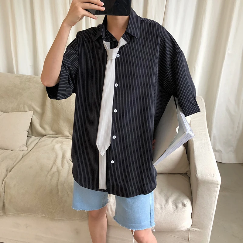 Мужская свободная рубашка с коротким рукавом черная/зеленая/темно синяя принтом