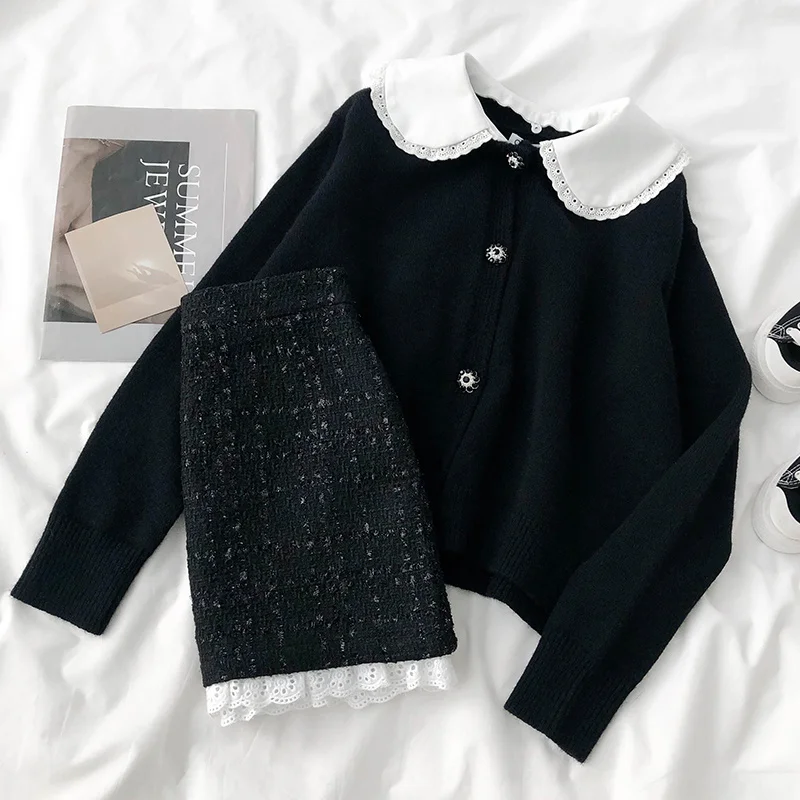 

Женский твидовый свитер со съемным воротником, кардиган на пуговицах или юбка с высокой талией