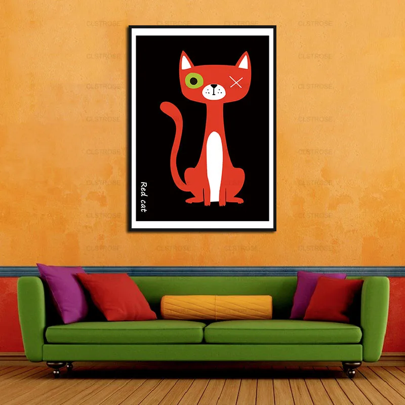 

Poster Squatting Red and Black Cat Wall Art Canvas Painting Korean Landscape and Prints Frameless Home Decoration