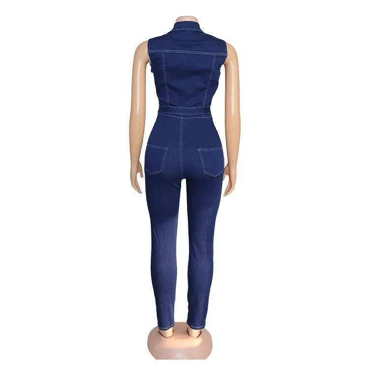 2020 Summer African Jeans Jumpsuits New African Sleeveless Single Breast Sheath High Waist Blue Fashion Work Office Jumpsuit Hot