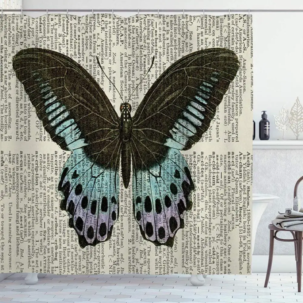 Занавеска для душа нарисованная бабочка на странице из книги декоративная