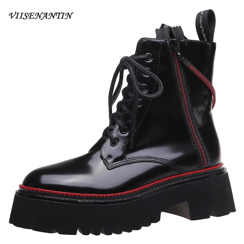 

Зимние новые стильные кожаные ботинки на шнуровке в стиле ретро женские ботинки в британском стиле Модные мотоциклетные ботильоны на толст...