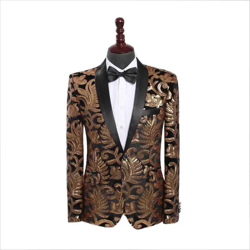 Мужской блейзер с лацканами черный бархатный золотыми цветами и блестками